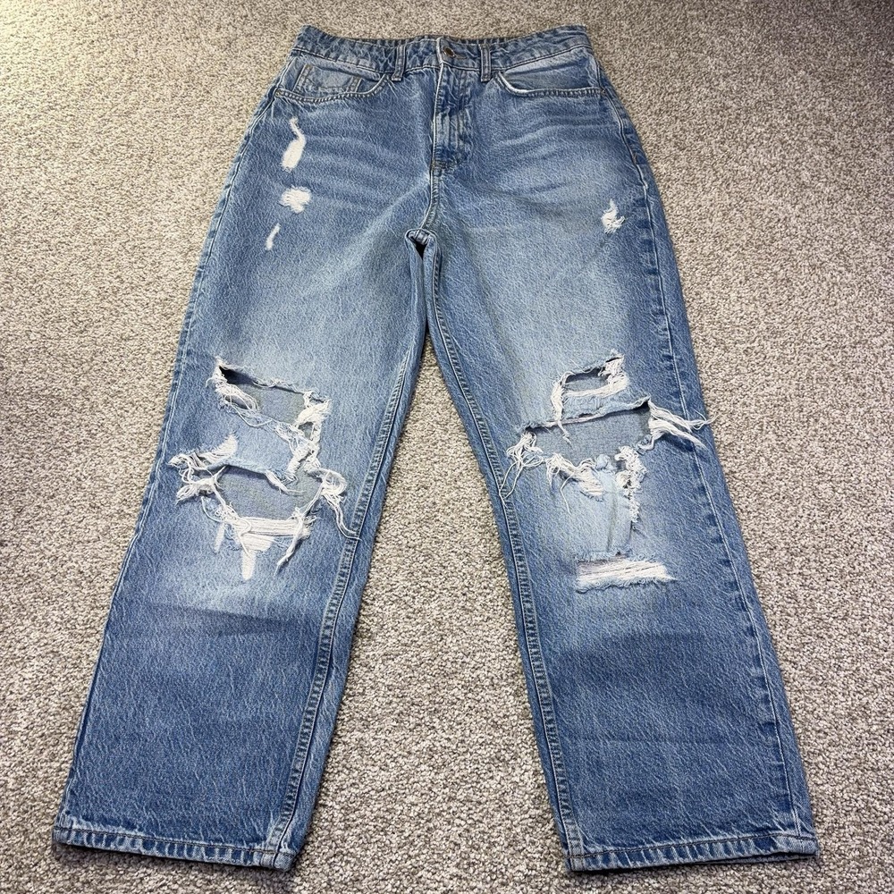 Zara Jeans Womens 8 Blue Medium Wash High Rise Relaxed Straight Distressed Denim